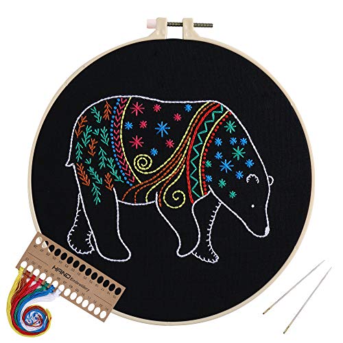 Embroidery Kit for Beginners - Cross Stitch Kits for Adults with Pattern and Instructions-Include 1 Embroidery Clothes with Bear Pattern,1 Plastic Embroidery Hoops 8x8 inch, Color Threads and Tools