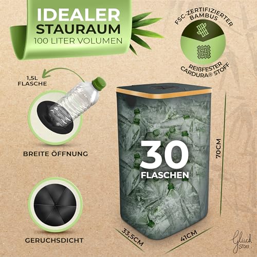 Glückstoff® Pfandflaschen Sammelbehälter [INKL. TRAGETASCHE] - Flaschensammler Leergut - PET Flaschen Pfandbehälter - Flaschensammler - Pfandflaschen Aufbewahrung - Pfandbehälter Einwurf - 100 Liter