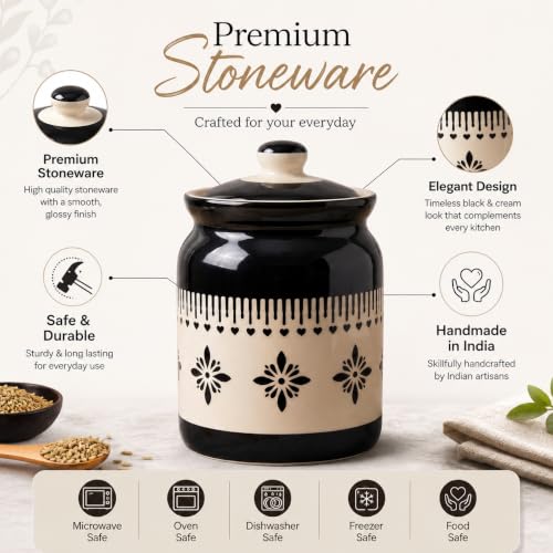 Image of D'Maiolica Ceramic Handmade Pickle Jars in 1000ml (set of 2) | Floral Bale 1 kg Achaar Martban | Ceramic Jadi for Kitchen Storage (Set of 2) | Jars for Achar, Spices, Salt (Midnight Blossom Heartline)