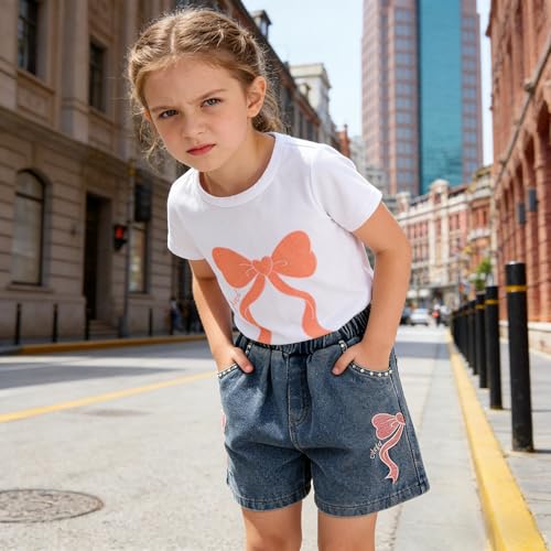 Image of Ayzozuy Kid Girl Clothes Shorts Set 2 Piece Outfits Summer Casual Short Sleeve Top and Shorts Set for Girls 4-7