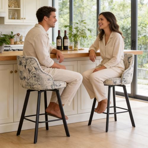 Image of Swivel Counter Bar Stools Set of 2 with Back, Fabric Kitchen Barstool