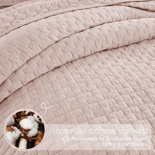 Image of palassio Pink 100% Cotton Quilt Queen Size Bedding Sets with 2 Pillow Shams, Textured Lightweight Soft Bedspread Shabby Chic Coverlet, Quilted Comforter Bed Cover for All Season, 3 Pieces