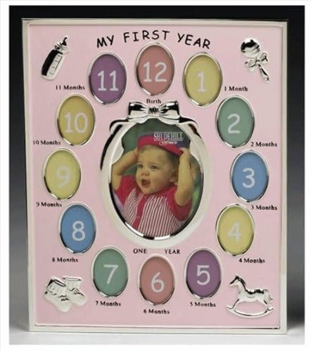 Shudehill Giftware My First Year Baby Gift Idea Pink Photo Frame holds 13 Pictures