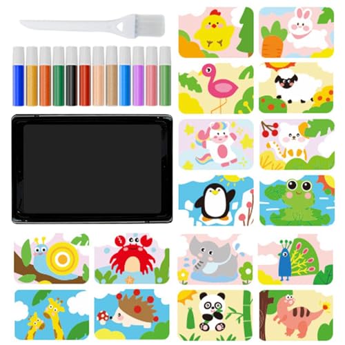 子供向けのサンドペインティング、剥がして貼るだけのサンドアート - カラーサンドアート写真キット キッズ - キットにはトレイ1個砂絵の子供の手作りのカラーサンド絵画幼稚園の赤ちゃんの知恵擦り切れ絵画玩具セット、ブラシ1個、砂12色、楽しい工作用の皮をむい