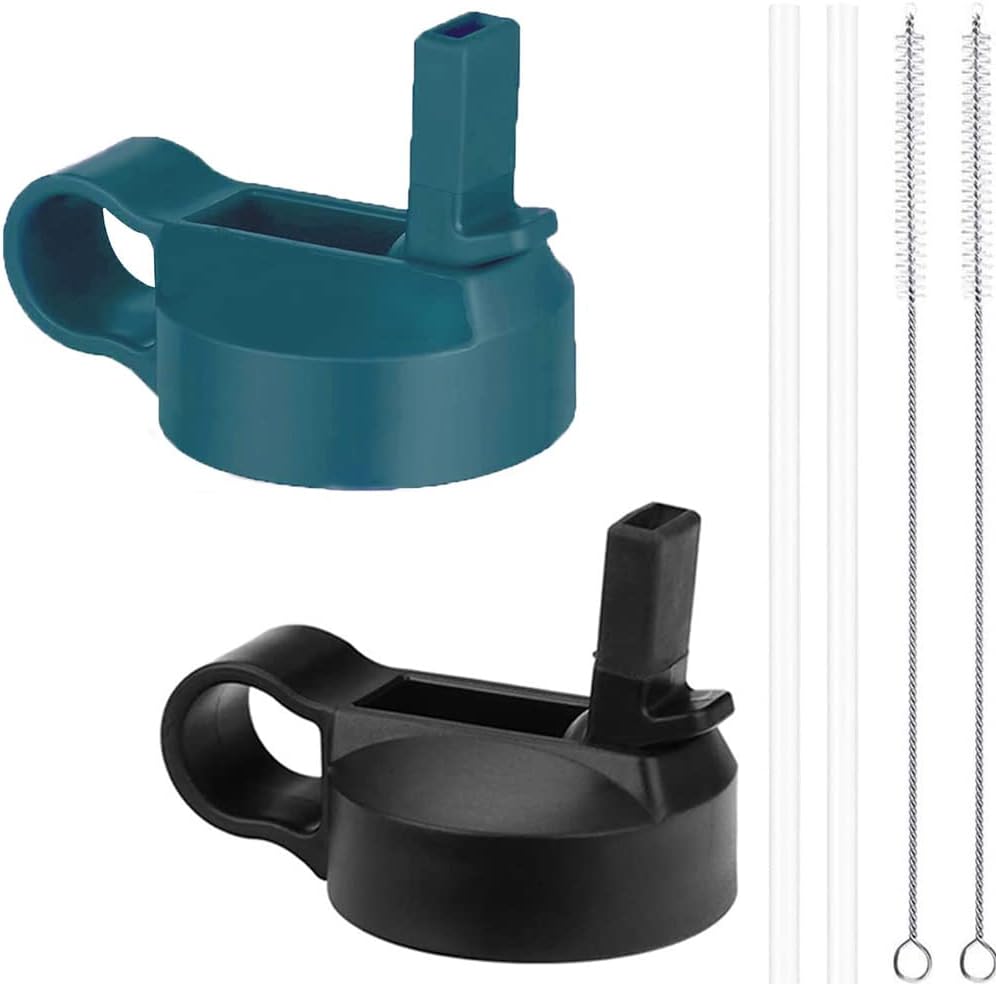 Tapas de pajita de boca ancha compatibles con la mayoría de botellas de agua deportivas, 2 tapas, 2 popotes largos, 2 cepillos en 1 paquete