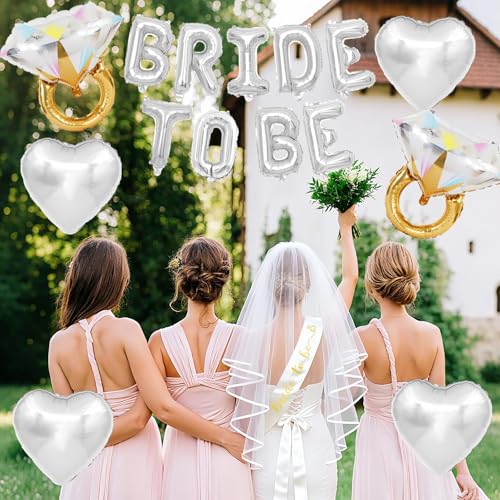 Image of Silver Bachelorette Party Decorations, Silver Bride to Be Banner Heart Balloons with Diamond Ring Foil Balloon, Gold Bride to Be Sash&Veil for Bachelorette Engagement Gift Bridal Shower Party Supplies