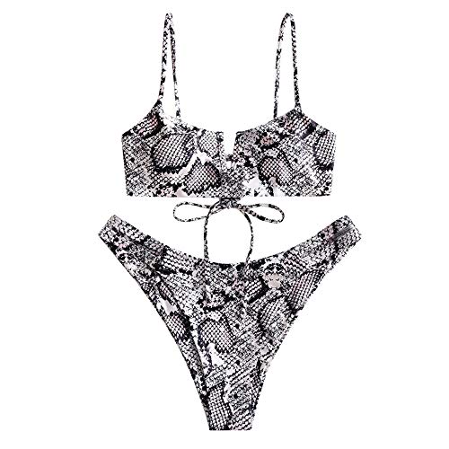 ZAFUL Women's V-Wired Swimsuit Two Piece Animal Print Lace Up Bikini Set Swimwear Orange Gold