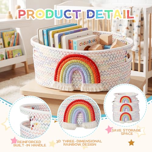 Image of Breling 3 Pack Toy Storage Baskets, Teacher Woven Cotton Rope Storage Bins with Rainbow Design for School Supplies, Books, Blankets, Clothes, Playroom, Nursery, Classroom, Back to School Gift