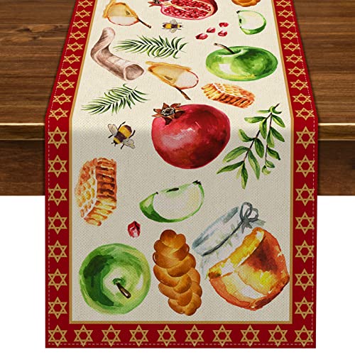 Nepnuser Camino de mesa de lino Shana Tova Rosh Hashanah judío Año Nuevo decoración suministros hogar cocina comedor mantel 72 pulgadas Cover