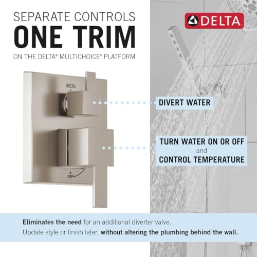 Image of Delta Modern Square Shower System Faucet Set, Brushed Nickel 6.5-inch Shower Head and Handle Set, Valve Trim Kit, Spotshield Stainless T342703-SP (Valve Not Included)