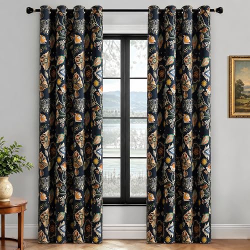Navy Blue Boho Vintage Floral 100% Blackout Curtains 52 x 108 in