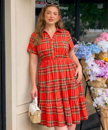 Image of CARCOS Plus Size Dresses for Curvy Women Collared Vneck Short Sleeve Dresses Midi Summer Ruffle Dress with Pocket XL-5XL