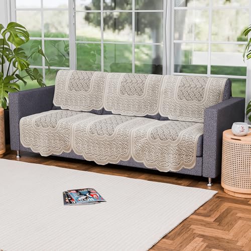 Image of Kuber Industries (Set of 6) Stylish & Durable Cotton Sofa Covers 3 Seater | Washable Sofa Protector /Mat | Suitable Slipcover for Living Room & Office | Zig Zag Design - Cream