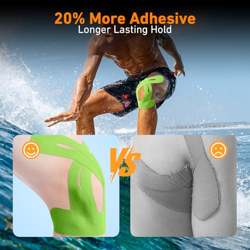 Image of PreCut Kinesiology Tape for Knees, KTQUICK 12 PCS 20% Extra Adhesive Knee Tape for Knee Pain Relief Pre Cut, Anatomical for Maximum Hold, Waterproof&Hypoallergenic Cotton Latex-Free for Sports (Green)