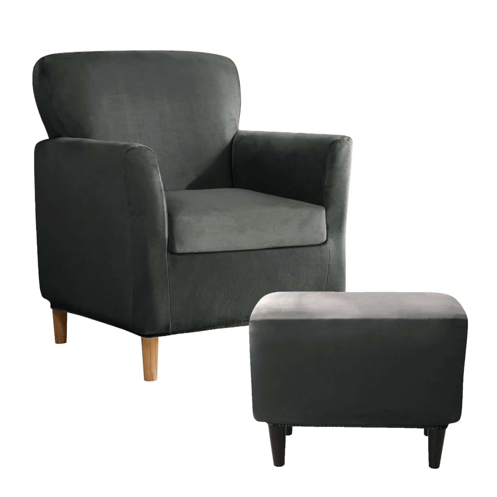 SYLC Stretch Velvet Armchair Sofa Covers with Ottoman Cover Rectangle/Square, Banquet Tub Chair Covers Footstool Slipcover Furniture Protector (Dark gray,Chair+Seat+Rectangle)