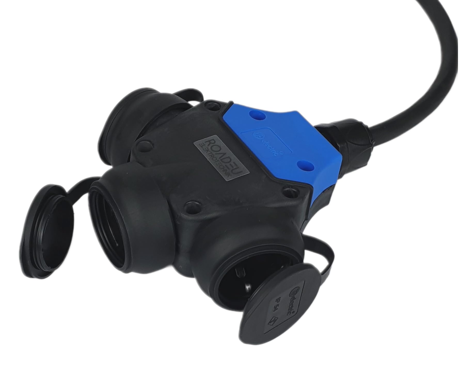 RoadEu – Adaptateur CEE 16 A 3 pôles vers 3 Prises Schuko – Boîtier de Distribution IP44 avec câble de 0,5 m 3x2,5 mm² – Distributeur électrique pour Camping et Chantiers