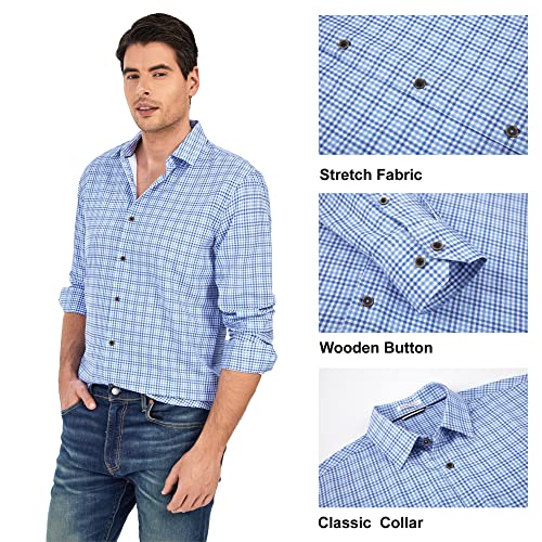 Samerm Mens Button Down Shirts 4-Way Stretch Wrinkle Free Long Sleeve Print Plaid Business Dress Shirt,Blue Plaid L #TOP2