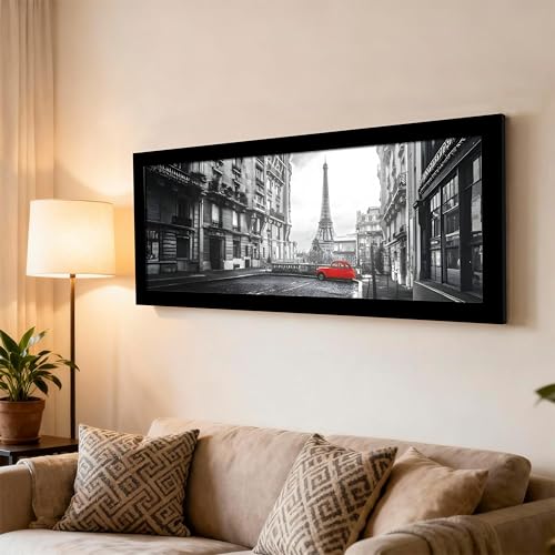 Image of PAINTINGMANTRA Paris City Vintage Red Car with Eiffel Tower View Wall Art Framed Luxury Paintings for Home Decoration, Living room, Bedroom and Office Decoration (99x38 CM)
