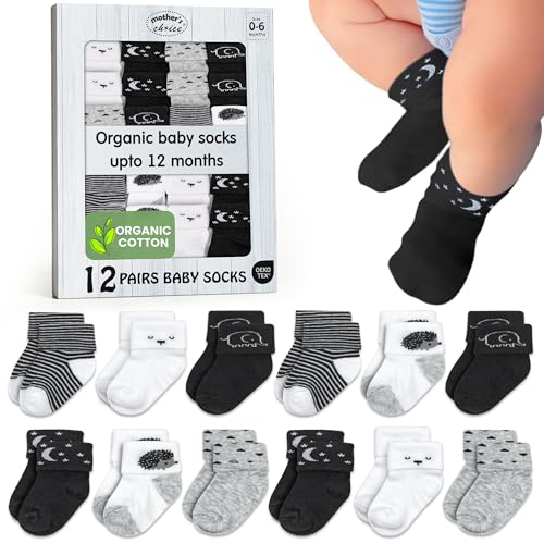 Image of Mother's Choice Organic Cotton Baby Socks 0-6 Months - 12 pairs Soft, Cozy, and Gentle Newborn Socks for Girls & Boys, Perfect for Baby Registry, Everyday Wear, and Infant Comfort