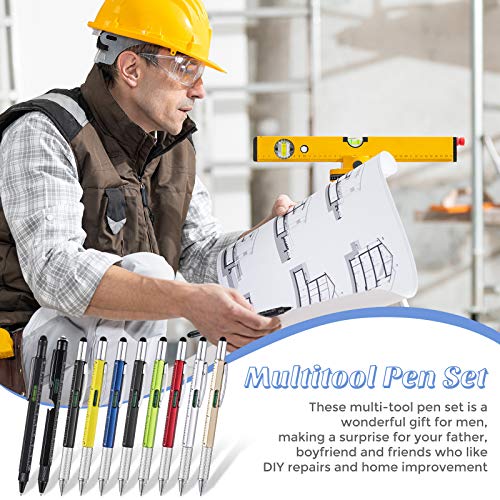 10 Pieces Multitool Pen Set, 9 Pieces 6 in 1 and 9 in 1 LED Light Touchscreen Multifunctional Stylus Pen with Ruler Level Bottle Opener Screwdriver, 10 Refills for Men (Multi-color)