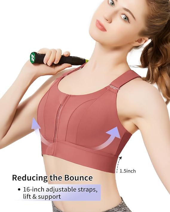 Image of PLUMBURY Women's Polyester Blend Padded Front Zip Plus Size Full Coverage High Support Velcro Adjustable Sports Bra For Workout Gym