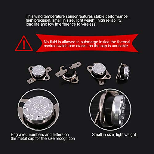 Hilitchi KSD301 20Pcs NO and NC Thermostat Temperature Thermal Control Switch Auto Reset 40C to 135C Thermal Control Switch Assortment Kit with Bimetal Disc. for Household Electric Appliances