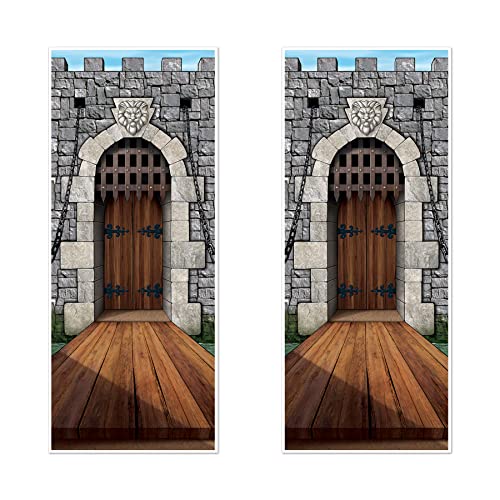 Beistle 2-Pack Castle Door Covers, Enchanted Entrance Castle Decorations for Fantasy Themed Parties, Thin Plastic Royal Medieval Wall Decor, 6' x 30