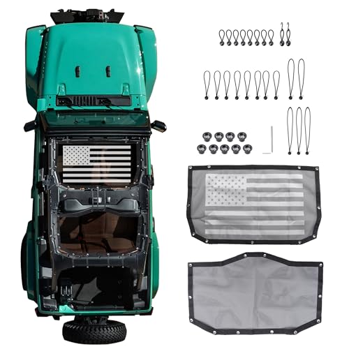 RERPRO Sunshade Compatible with 2024 2025 Jeep Wrangler JL 4 Door 4XE Hard Top Accessories Front Rear Sun Shade Soft Mesh Top Bimini Roof Bikini Cover, Keep Airbag Function, Front Rear Door US Flag