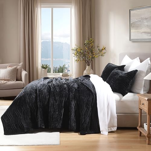 Image of Luxury Velvet Queen Comforter Set, Black Queen Size Comforter Sets, Black Queen Quilt Bedding Set, Luxurious Plush Bedspreaqd Sets, Soft Lightweight Quilts Queen Size for All Season