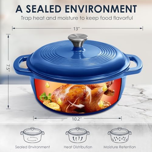Cast Iron Dutch Oven Pot With Lid - AIVIKI 5QT Enameled Dutch Oven for Bread Baking With Cotton Potholders - Heavy- Duty Cookware Across All Cooktops, Wedding Registry Ideas & Gifts, Blue - Thumbnail 4