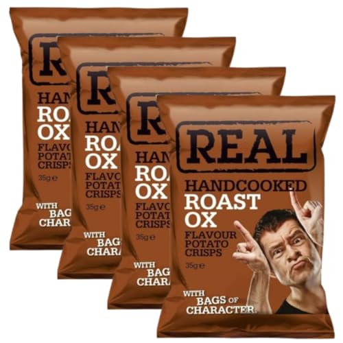 Real Hand Cooked Roast OX Crisps 4 x 35g Snack Packs | Rich Roast Flavour | Extra Crunchy Hand-Cooked Chips | Ideal for Snacks & Lunchboxes | Vegetarian Friendly Gluten Free No Added MSG