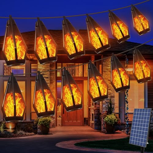 Luci Solari Esterno 12,6m con 15 LED Effetto Fiamma Tremolante – IP65 Impermeabile per Giardino, Terrazza, Balcone | Luci da Esterno Solari con Effetto Fuoco Realistico per Feste, Halloween, Natale e