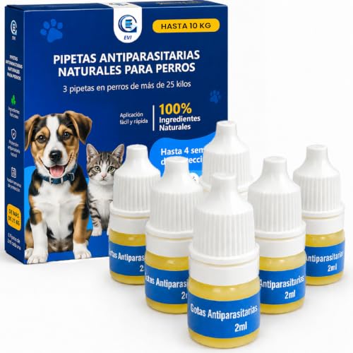 CE EVI Pipetas Antiparasitarias Naturales para Perros Pequeños y Gatos hasta 10 KG | Pipetas Antipulgas y Garrapatas con Aceites Esenciales de Citronela | Protección Externa hasta 4 Semanas | Pack 6