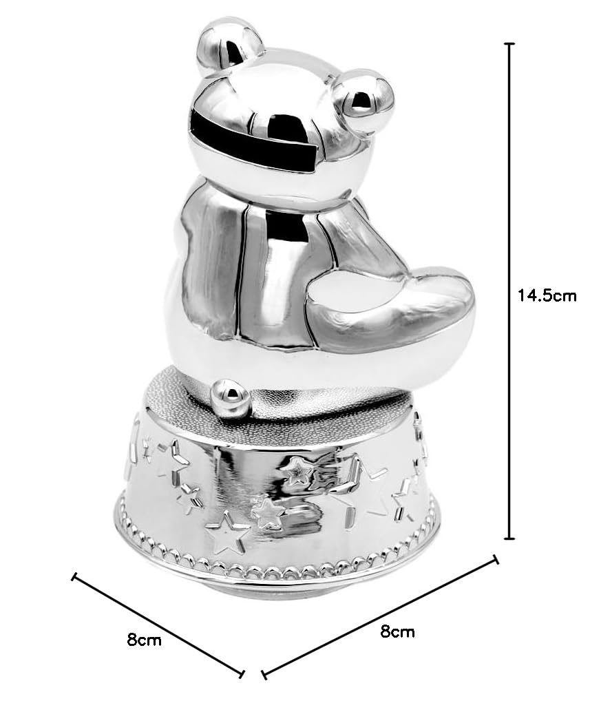 Design Kinder Spardose mit Spieluhr Bär Herz aus Metall versilbert Baby-Spieluhr Geschenk Taufe Einschlafhilfe Melodie La Vie en Rose (Gravur bis 25 Zeichen)
