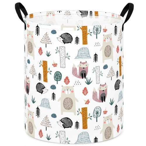 Image of Collapsible Storage Basket 15.7 inch Dx19.7 inch H, Cute Print Fabric Laundry Hamper with Handles, Foldable Storage Bin for Kids Nursery Bedroom Toy Clothes Organizer(Woodland Animals)