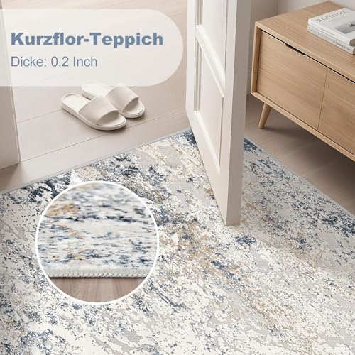 DMOYEST Wohnzimmer Teppich Modern Waschbar Kurzflor Anti-Rutsch Rückseite Weich, Farbe: Beige Blau, Größe:160x230 cm Teppiche für Schlafzimmer Esszimmer Büro Bereich