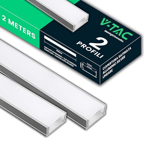 V-TAC 2x Profili per Strisce Led da 2 METRI in Alluminio Rettangolari - (4 Metri Totali) - Profili per Strisce LED con Copertura Opaca - Ingombro max Striscia Led 15,7 mm - Dimensioni 17,6 mm x 6.9 mm