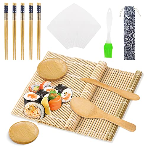 Ensemble de sushis (14 pièces) 2 tapis à rouler, 5 paires de baguettes, 1 shaker à riz, 1 palette de riz, 2 assiettes à sauce en bambou, 1 brosse, 1 sac de rangement pour baguettes, 1 rouleau Temaki Cover