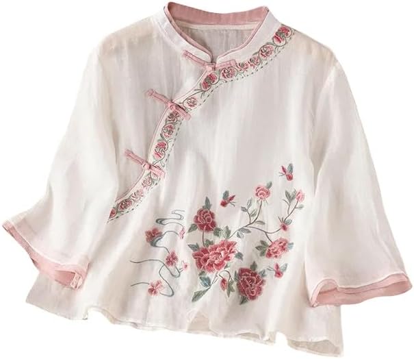Women's Spring Summer Ethnic Style Cotton Linen Embroidered Asymmetrical Blouse Frog Button Retro 3/4 Sleeve Top
