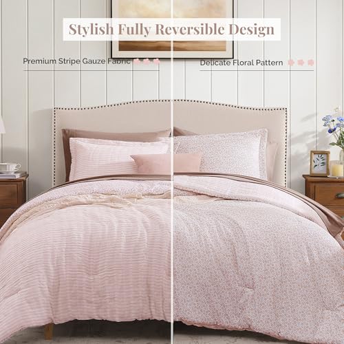 Queen Comforter Set - 7 Pieces Pink Gauze Muslin Bedding Sets for All Seasons, Lightweight Breathable Bed in a Bag Queen with Revesible Farmhouse Comforter, Sheets, Pillowcases & Shams