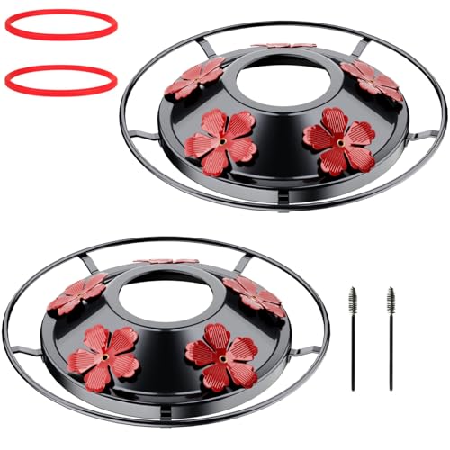 2 Pack Hummingbird Feeder Bottom Base Large Metal Covers with 2Pcs Seal Rings and Brushes Hummingbird Feeder Accessories Replacement Part No Nectar Base Compatible with Glass Bottle Base (2 Black)