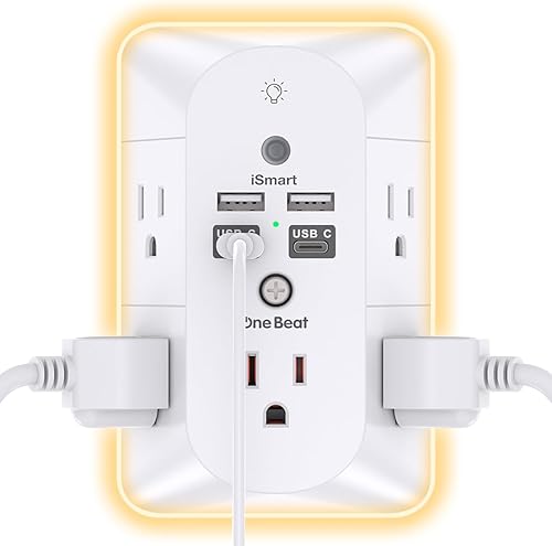 Extensor de salida con luz nocturna, protector de sobretensiones, tira de alimentación, divisor de 5 salidas (3 lados) y 4 cargadores USB (2 USB C),