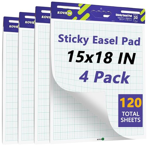 KOVIEDE Mini Super Sticky Easel Pad, 15 x 18 Inches, 30 Sheets/Pad, 4 Pads, Self Stick Flip Chart Paper Grid Anchor Chart Paper for Teachers and Office (4 Grid Pads)