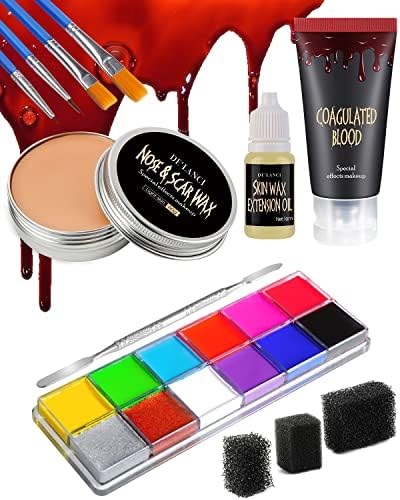 Abizoo Halloween SFX Makeup Kit, Special Effects Makeup,12-In-1 SFX Scar Wax, Fake Blood, Skin Extension Oil, Spatula, Stipple Sponge, Brush, 12 Colors Face Body Painting Palette Kit for Kids Adult