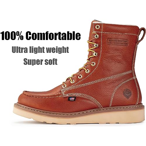 SUREWAY Mens 8 in Wedge Moc Soft/Steel Toe Work Boots for Men,Full-Grain Leather,Industrial Construction Boots/Shoes for Women,Waterproof Soft Toe Light BROWN,Size 9.52
