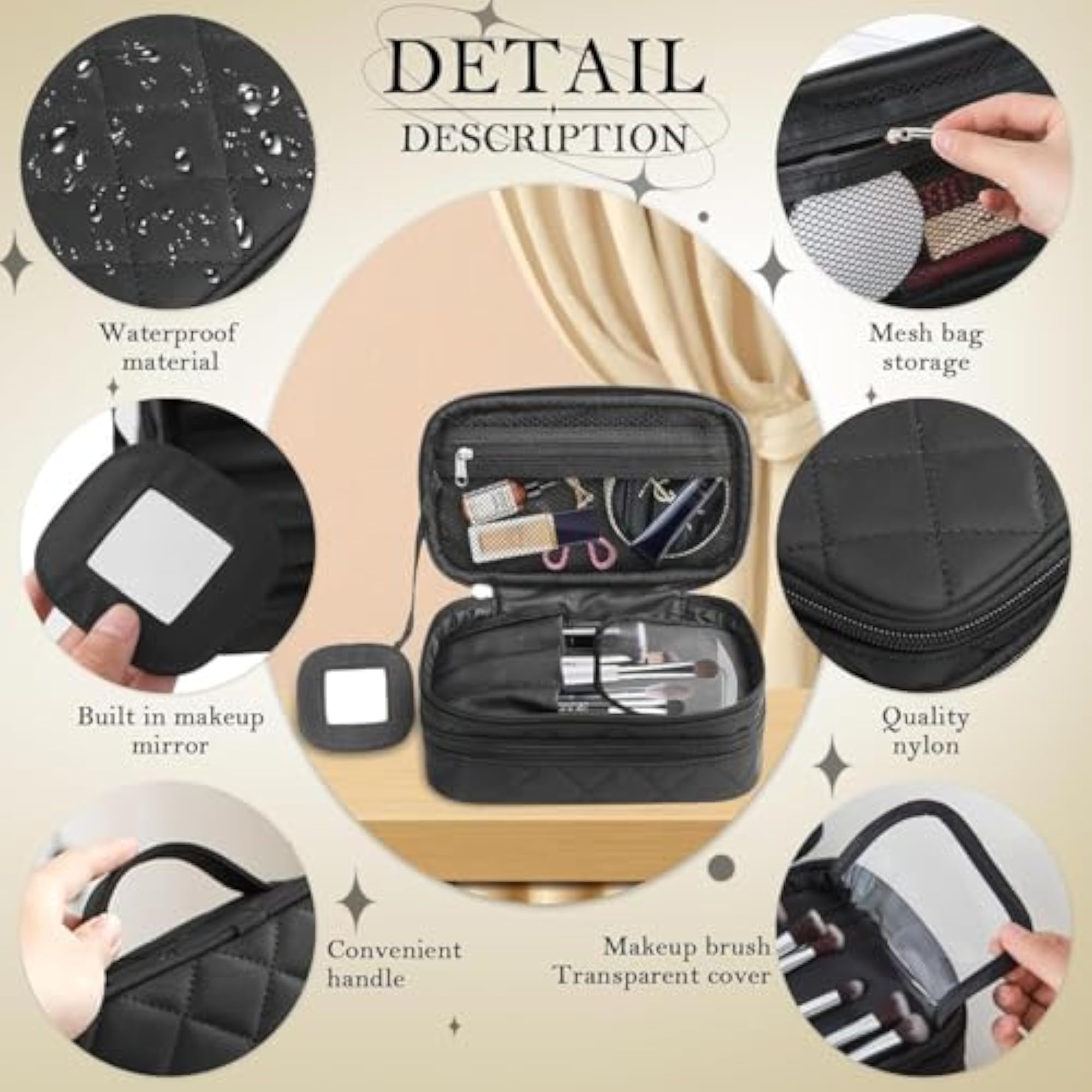 Black Quilted Nylon Travel Makeup Bag with Mirror