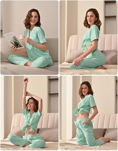 Image of NAP BOUND 100% Cotton Women Pajama Sets Button Down Short Sleeve Sleepwear Soft Pjs 2 Piece Lounge Set with Pocket XS-XXL