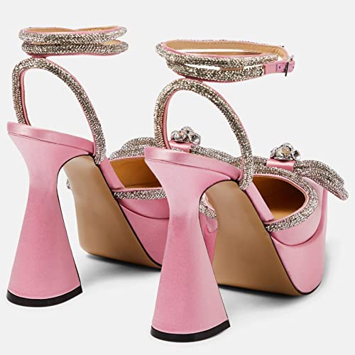 Women Platform Pumps Rhinestone Double Bow Chunky Heeled Sandals Crystal Embellished Ankle Strap Buckle Shoes Satin Pointed Toe Pumps Tapered Block Heel Dress Shoes for Women4