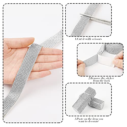 4 Rolls/1 Yards Self Adhesive Crystal Rhinestone Ribbon, Adhesive Gem Diamond Stickers For Car Bling, Glitter Ribbon For Craft And Cake Decoration(Silver, 4 Yards) #TOP3