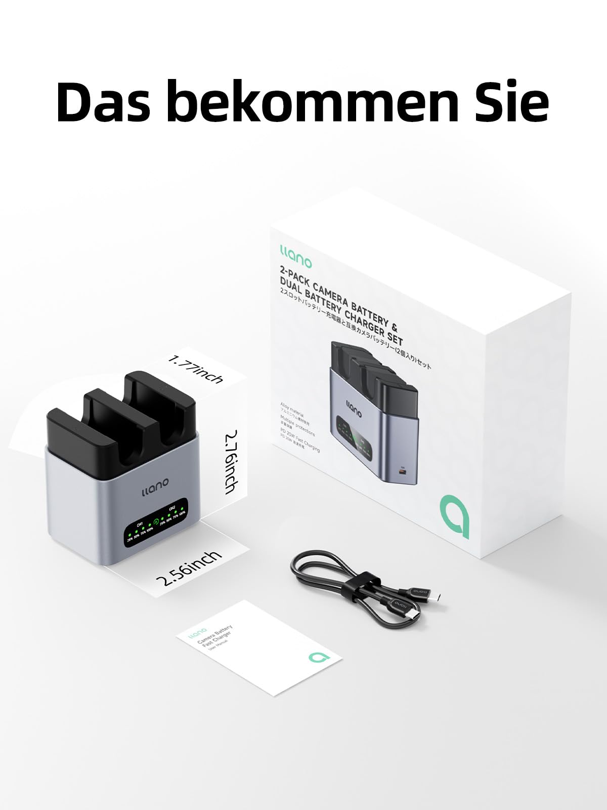 llano EN-EL25 Dual-Slot Akku-Ladegerät für Nikon Z50 II, Z50, Zfc, Z30 – PD 20W Schnellladung mit USB-C, wärmeableitendem Aluminiumgehäuse & LED-Anzeige